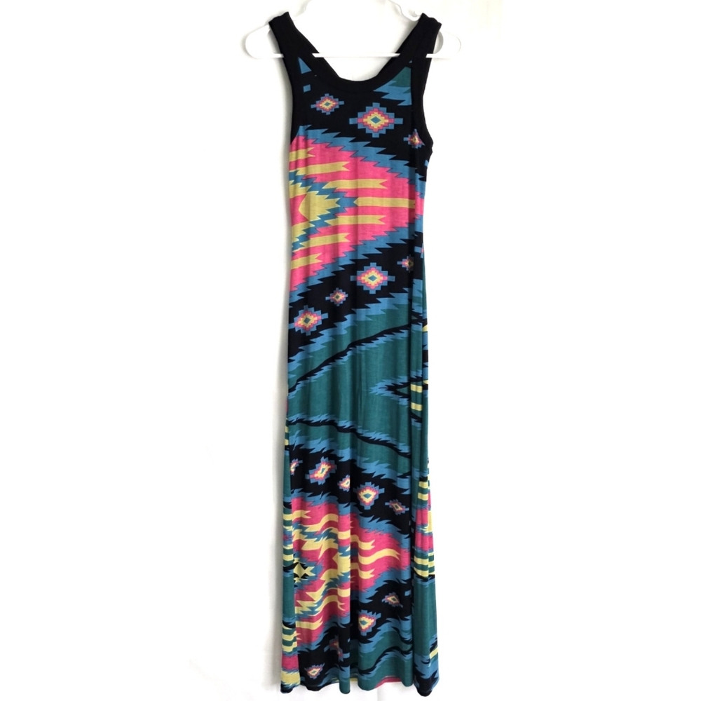 BOHO Geometric Neon Southwestern Print Open Back Maxi Dress S